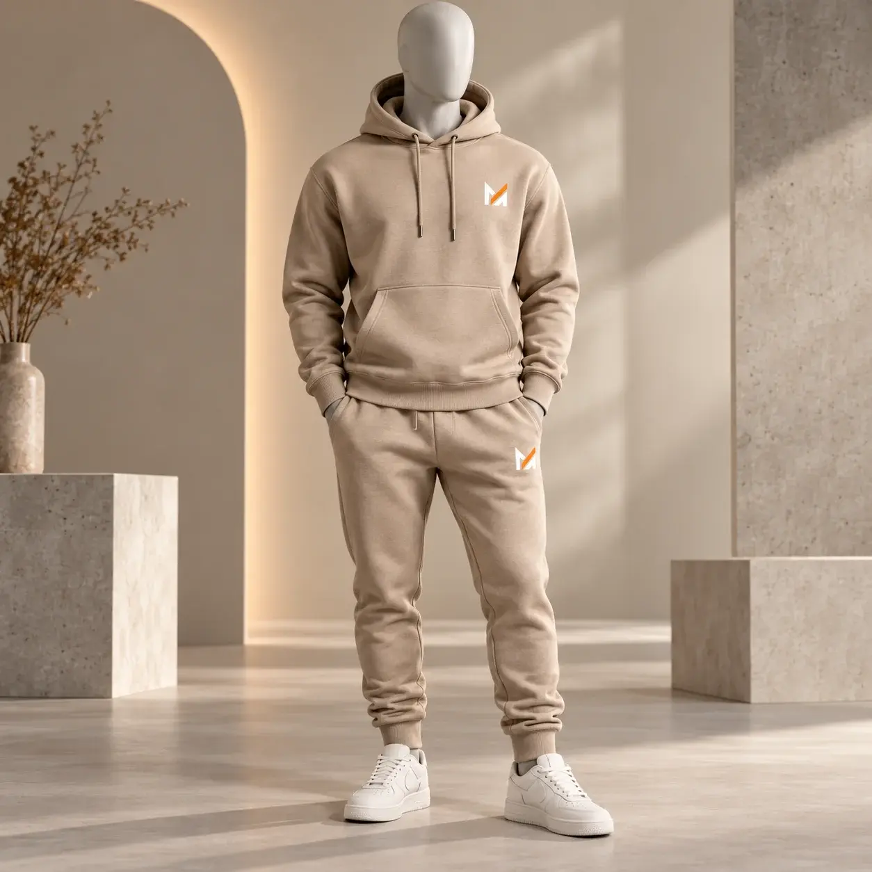 Beige custom fleece hoodie and matching jogger sweatpants displayed on a faceless mannequin, featuring Mega Apparel logos and a modern neutral studio background.